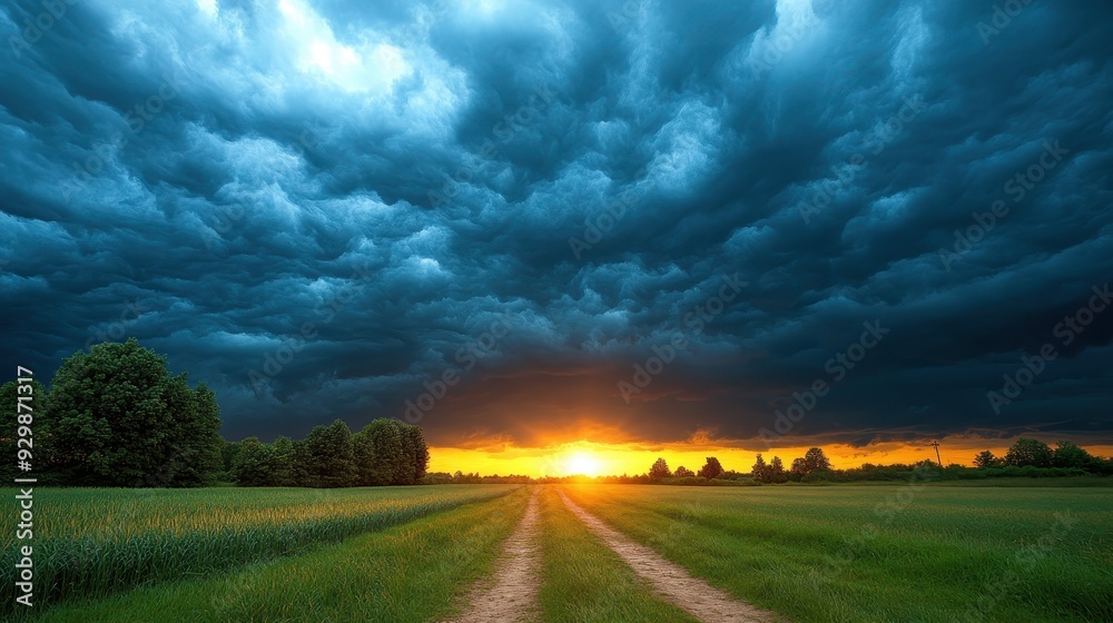 Dramatic Sunset with Storm Clouds Over Country Road and Field Dramatic Sunset with Storm Clouds Over Country Road and Field