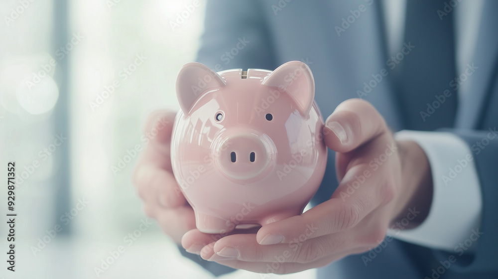 A piggy bank is protected by a businessperson holding a shield, representing the defense of personal savings and financial assets with a strong sense of security, photo A piggy bank is protected by a businessperson holding a shield, representing the defense of personal savings and financial assets with a strong sense of security, photo