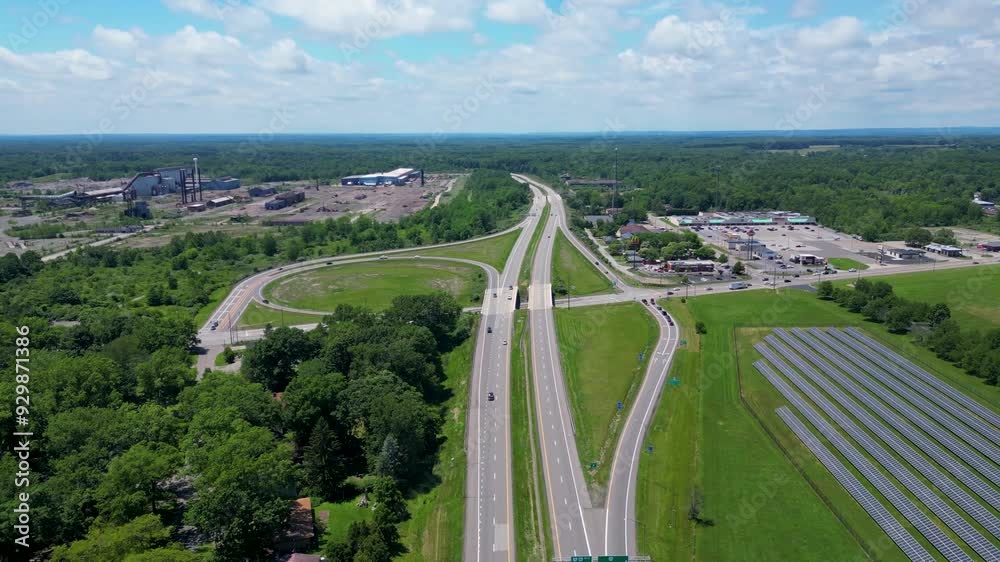 An expansive aerial shot capturing a highway interchange leading to an industrial area surrounded by lush greenery. Ideal for urban development, transportation, and infrastructure projects. An expansive aerial shot capturing a highway interchange leading to an industrial area surrounded by lush greenery. Ideal for urban development, transportation, and infrastructure projects.