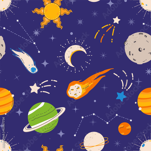 Universe seamless pattern. Planets sun moon constellations and stars. Abstract space objects and meteorit. Childish textile print, wrapping vector design