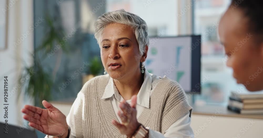 Meeting, discussion and business women with laptop for consultation, feedback or project development in office. Talking, event planner and female client for conversation, budget or explaining ideas