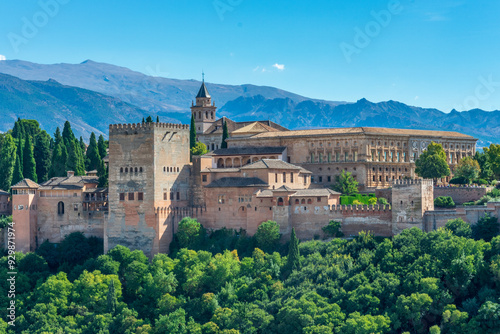 Panoramic View of Alhambra Palace with Sierra Nevada Mountains in Granada, Spain