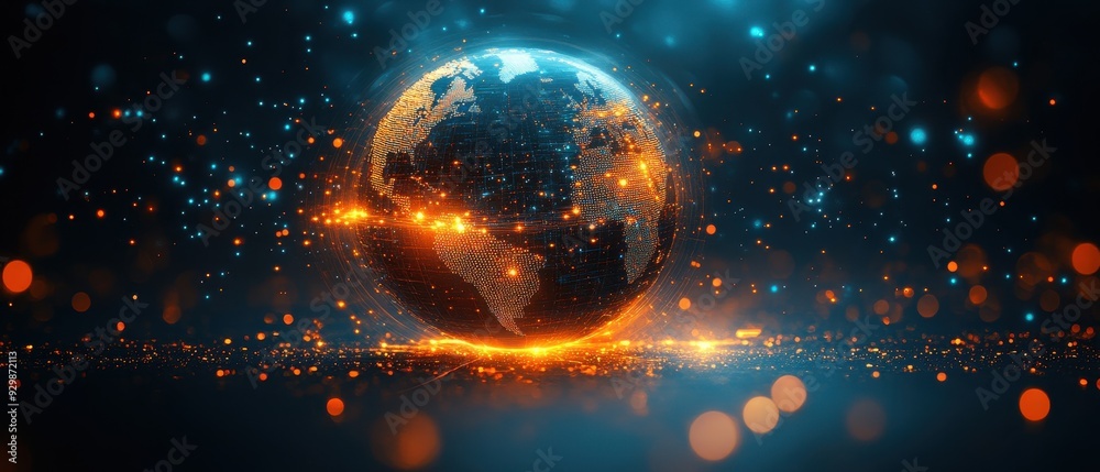 Abstract Digital Globe with Orange and Blue Lights, Technology Concept Abstract Digital Globe with Orange and Blue Lights, Technology Concept