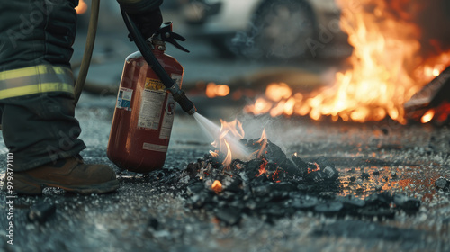 A firefighter uses an extinguisher to control flames on the asphalt during a fire incident photo