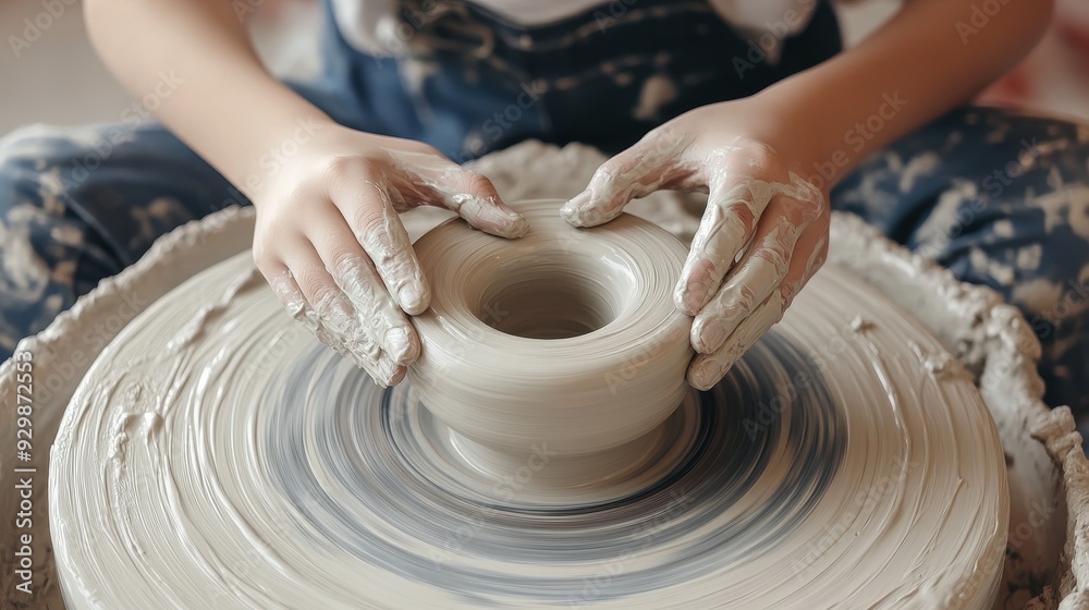 Hands Shaping Clay on Pottery Wheel, Creating a Unique Ceramic Piece