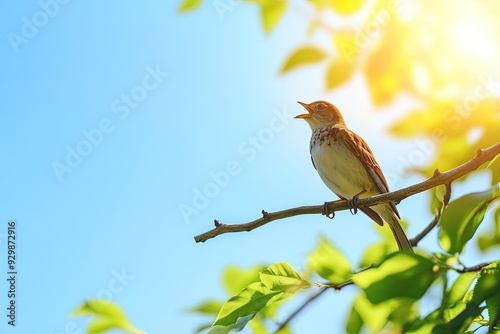 A vibrant bird perched on a branch, singing beautifully against a clear blue sky with sunlight filtering through green leaves.