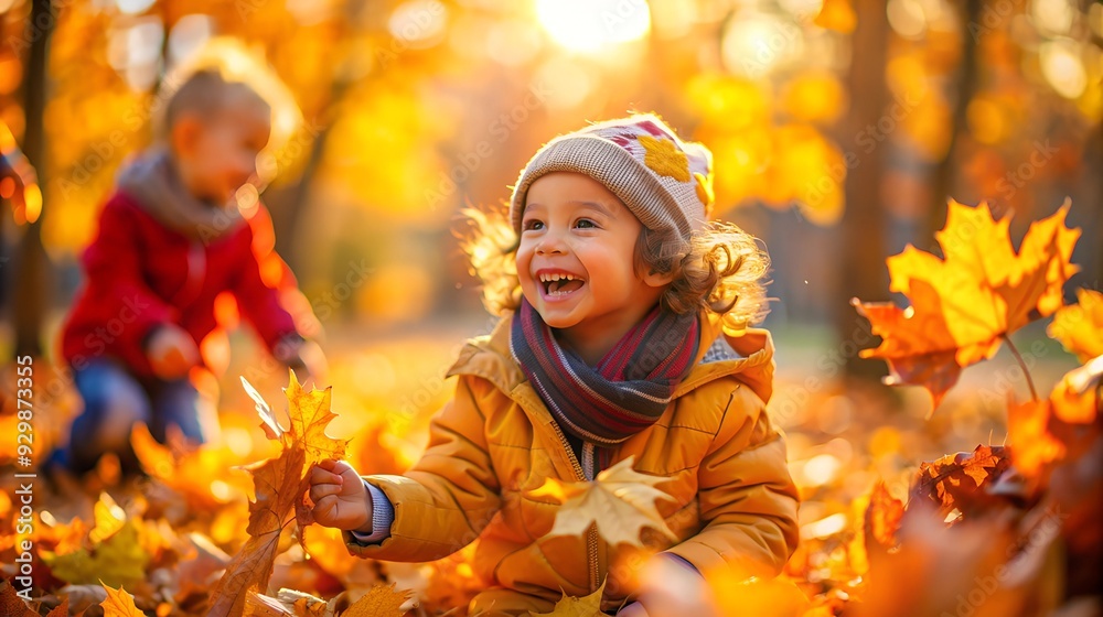 Joyful kids playing with autumn leaves in the park. Happy children in warm fall outfits enjoying outdoor activities on a sunny autumn day. Vibrant colors, cozy atmosphere, and playful moments capture Joyful kids playing with autumn leaves in the park. Happy children in warm fall outfits enjoying outdoor activities on a sunny autumn day. Vibrant colors, cozy atmosphere, and playful moments capture