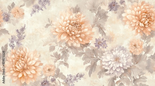 A floral pattern featuring soft-colored chrysanthemums and lavender against a light background.