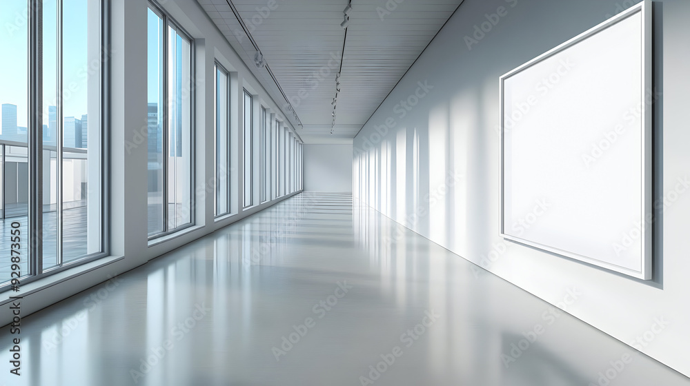 Obraz premium Modern art gallery with large windows and empty space for exhibits.