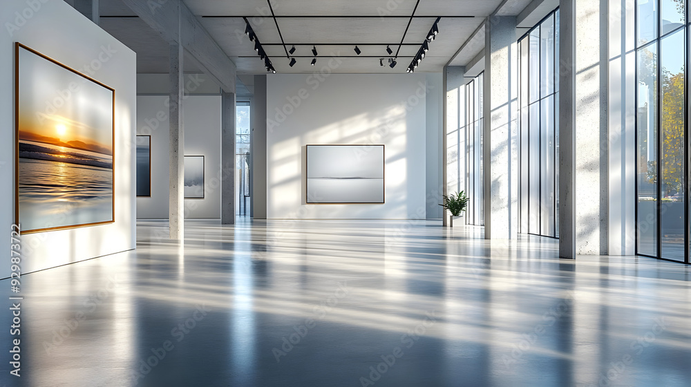 Modern art gallery with large windows and framed artworks. Modern art gallery with large windows and framed artworks.