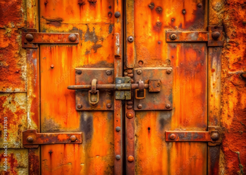 Vibrant orange hues illuminate a worn, unlocked old metal door, revealing rusty hinges and a distressed surface, evoking a sense of nostalgia and forgotten memories.