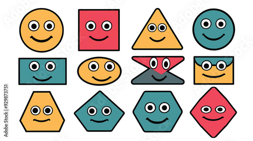 Cute cartoon smile expression geometric shapes. Circle pentagon, triangle, ellipse, Suqatr, rectangle, hexagonal rhombus and other regular forms. Isolated on white vector illustration