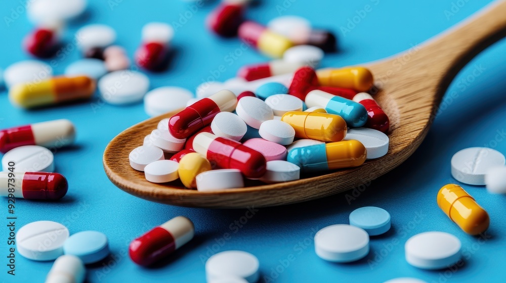 Colorful Pills in Wooden Spoon on Blue Background, Medicine and Healthcare Concept Colorful Pills in Wooden Spoon on Blue Background, Medicine and Healthcare Concept