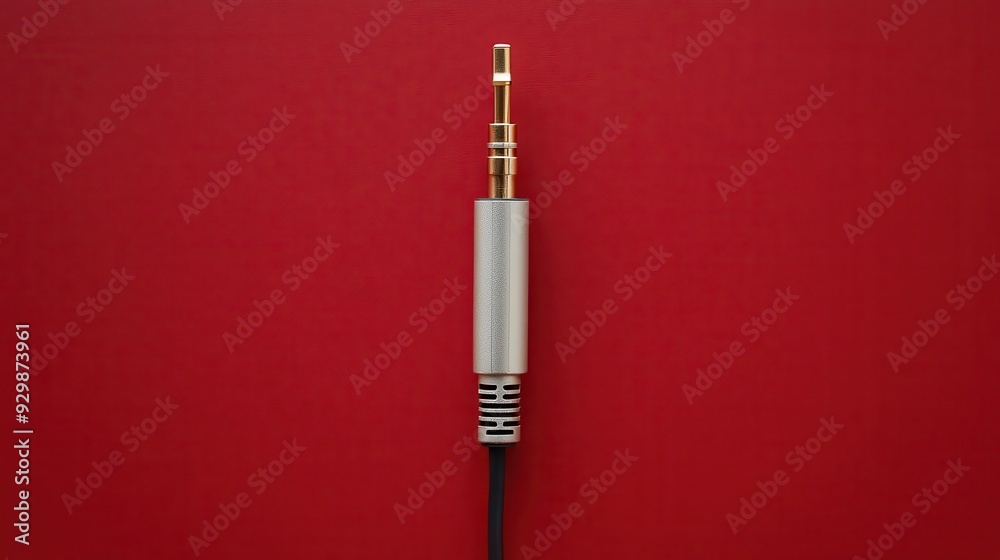 Silver Audio Jack Connector with Gold Tip on Red Background Silver Audio Jack Connector with Gold Tip on Red Background