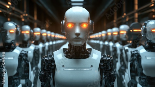 A Row of  Humanoid Robots with Glowing Eyes