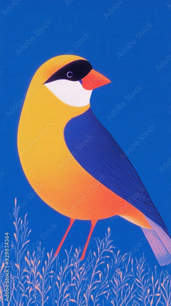 Fototapeta premium A striking goldfinch stands elegantly against a vivid blue background