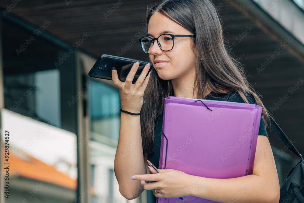 Teenage student sending audio or message with smartphone outside campus Teenage student sending audio or message with smartphone outside campus