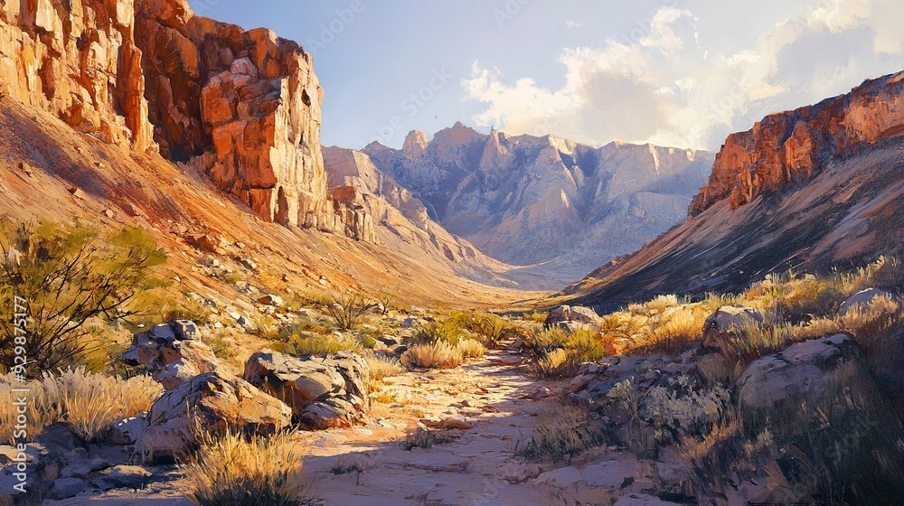 Naklejka premium Rocky desert mountains in golden afternoon light
