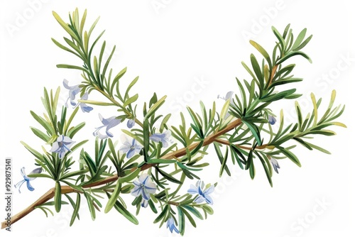 A botanical illustration of a rosemary plant, highlighting its needle-like leaves and small, blue flowers.