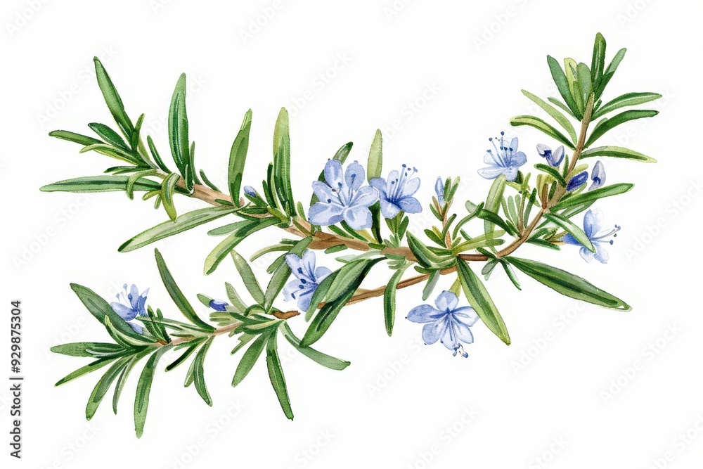 A botanical illustration of a rosemary plant, highlighting its needle-like leaves and small, blue flowers.
