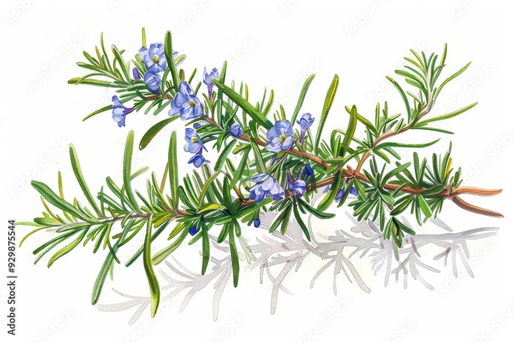 A botanical illustration of a rosemary plant, highlighting its needle-like leaves and small, blue flowers. A botanical illustration of a rosemary plant, highlighting its needle-like leaves and small, blue flowers.