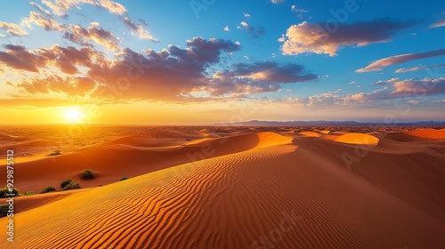 Panorama of the Sahara desert in Morocco at sunset. Africa.