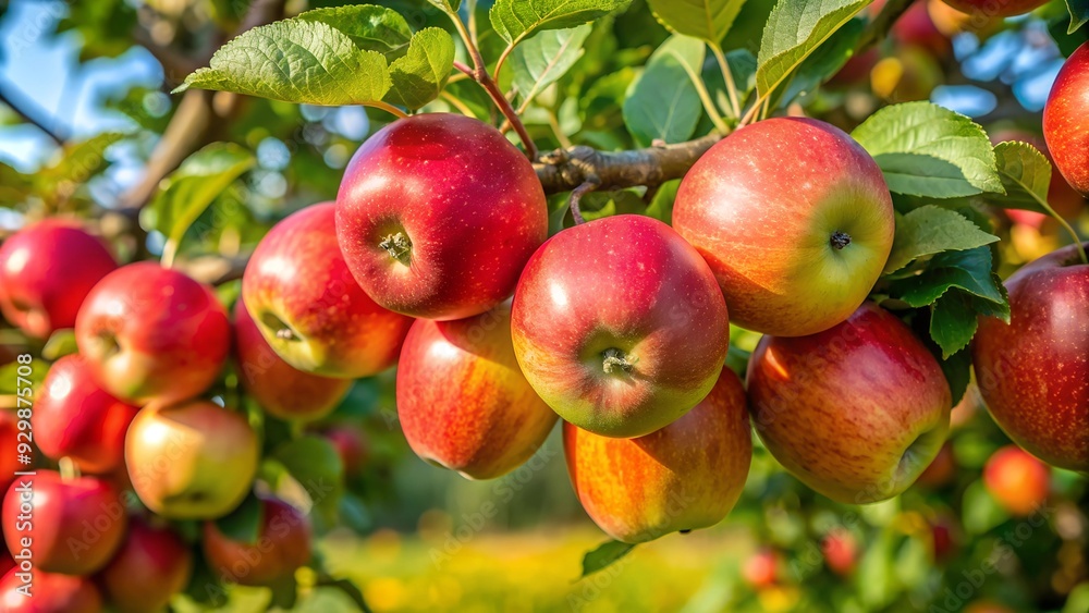 Close-up of ripe cider apples on a tree branch, showcasing a vibrant and inviting mood in a natural setting. Close-up of ripe cider apples on a tree branch, showcasing a vibrant and inviting mood in a natural setting.