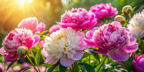 Vibrant pink and white peonies bloom in midday sunlight, illuminated by warm rays, casting soft shadows and displaying intricate natural beauty in a stunning floral arrangement.