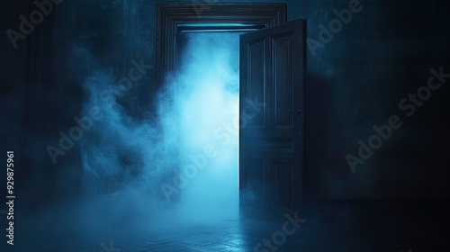 Mysterious mist through open door at night 