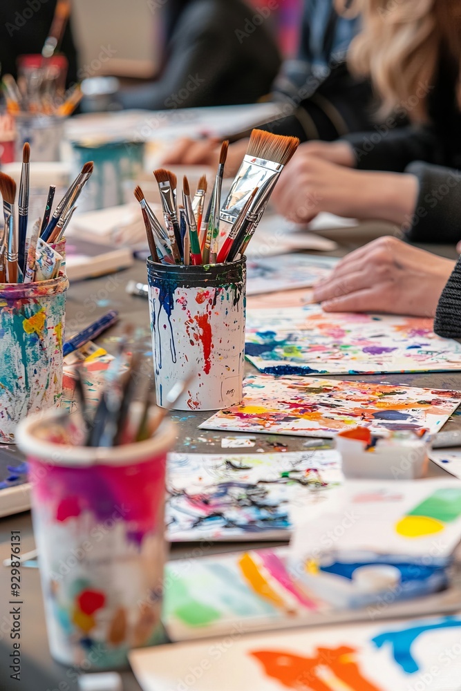 A team engaging in a hands-on creative workshop with various art supplies and brainstorming tools on the tables A team engaging in a hands-on creative workshop with various art supplies and brainstorming tools on the tables