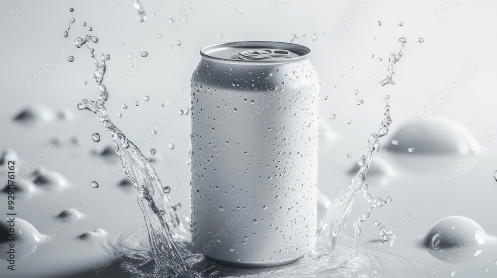 Blank white aluminum 330 ml soda can with drops splash mockup Blank white aluminum 330 ml soda can with drops splash mockup