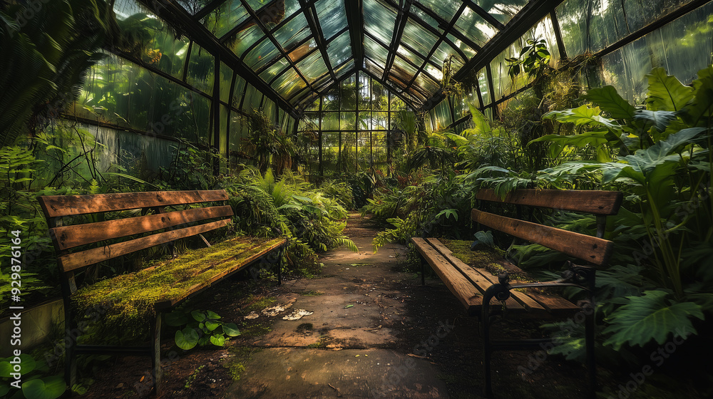 Dense Vegetation in Overgrown Abandoned Greenhouse with Wooden Benches
Dense Vegetation in Overgrown Abandoned Greenhouse with Wooden Benches