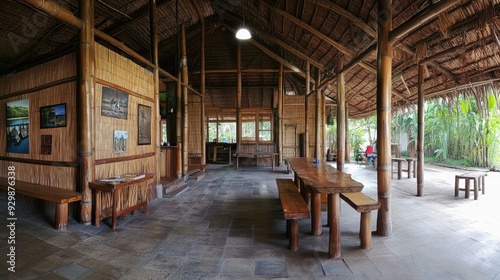 A rustic bamboo and wood dining area with a thatched roof.