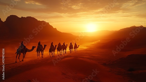 A group of camels are walking across a desert at sunset