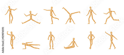 Wood man model. Dolls for artists with movable limbs. Wooden manikin different gestures and body actions. Marionettes snugly vector collection