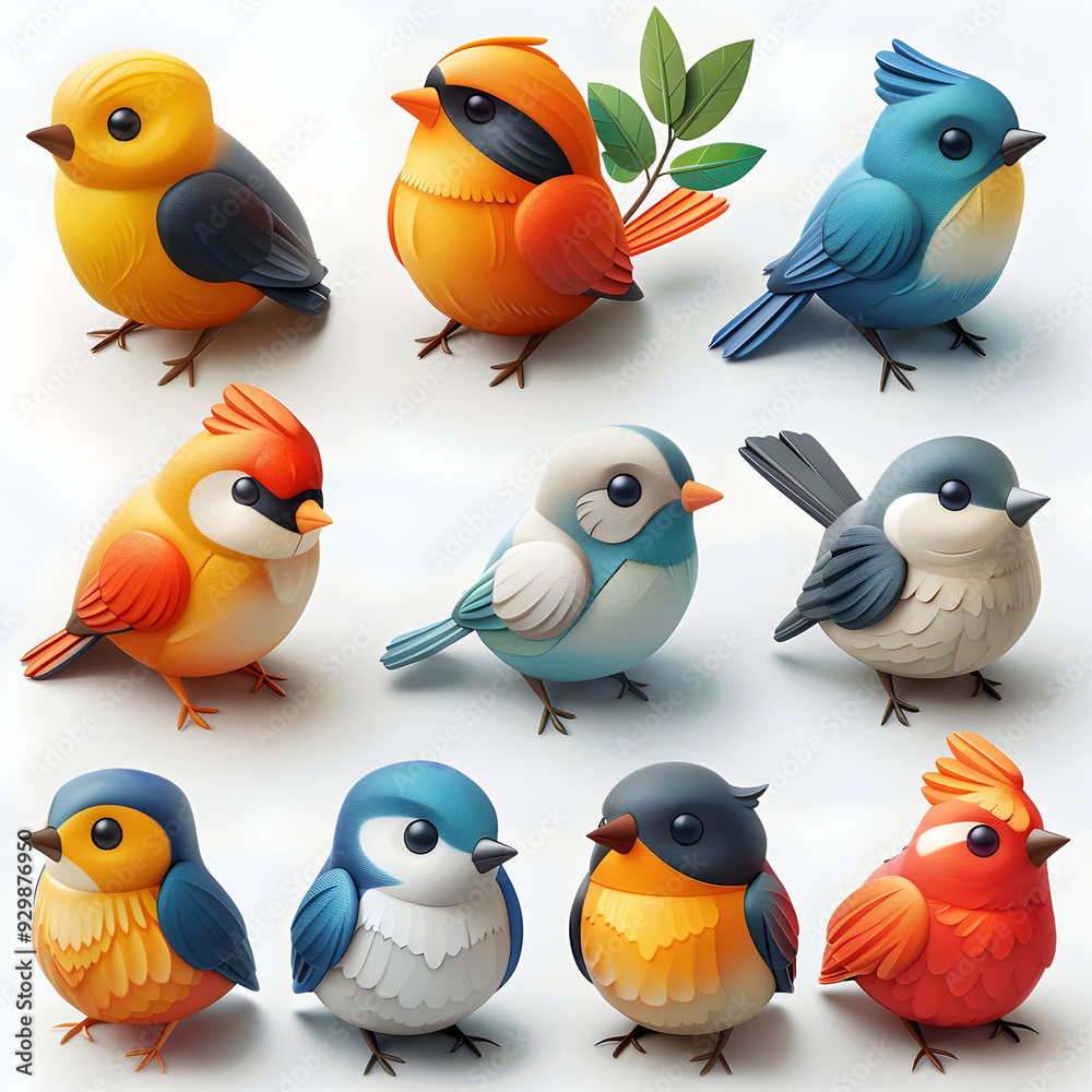 Fototapeta premium Set of nine cartoon birds in various colors and poses.
