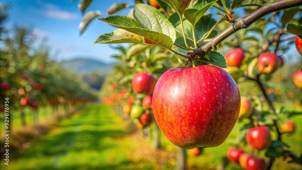 Obraz premium Fresh cider apple in an orchard, radiating a crisp and inviting mood, surrounded by lush greenery.