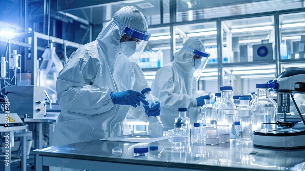 Two scientists in white lab coats are working in a lab Two scientists in white lab coats are working in a lab