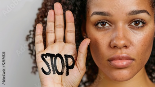 Strong woman raise hand with stop word. Concept of gender inequality. Feminist girl fight female rights against abuse, harassment, misogyny. racism concept. Feminism problem. Human rights.