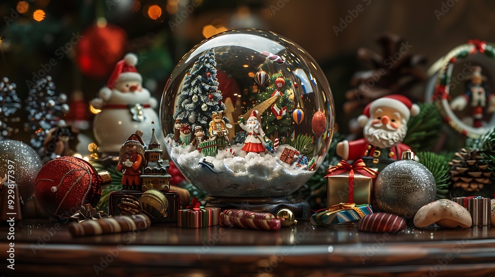 Christmas crystal ball still life on a dark wooden table featuring porcelain figurines and various items such as chocolates and candies Christmas crystal ball still life on a dark wooden table featuring porcelain figurines and various items such as chocolates and candies