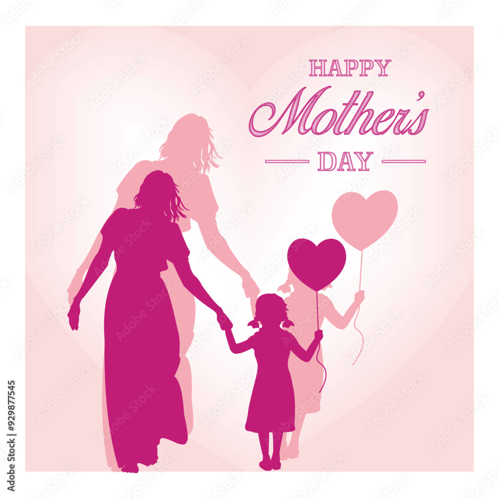Silhouette of a mother holding her daughter's hand. Little girl holding a heart shaped balloon. Flat vector illustration. Silhouette of a mother holding her daughter's hand. Little girl holding a heart shaped balloon. Flat vector illustration.