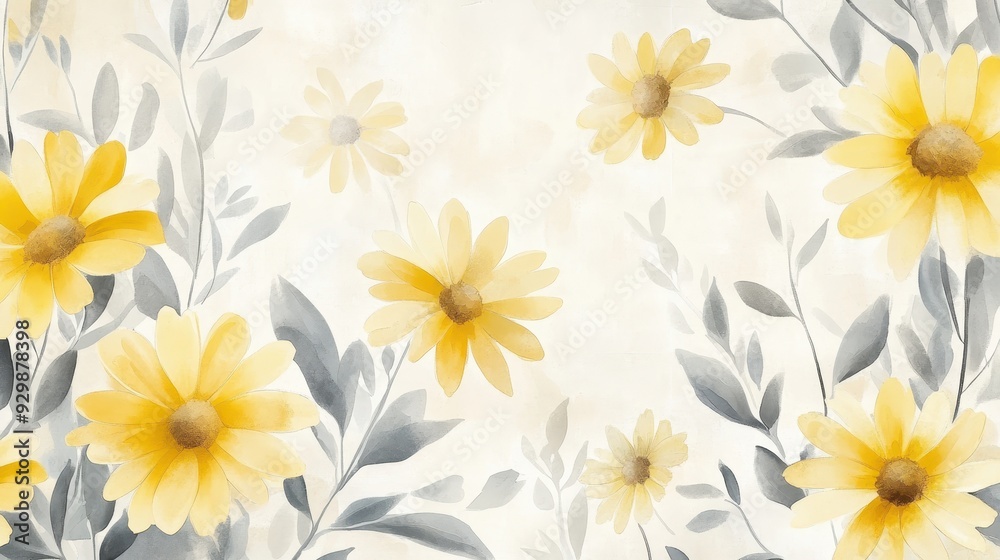 A floral pattern featuring yellow daisies and green leaves on a soft background. A floral pattern featuring yellow daisies and green leaves on a soft background.