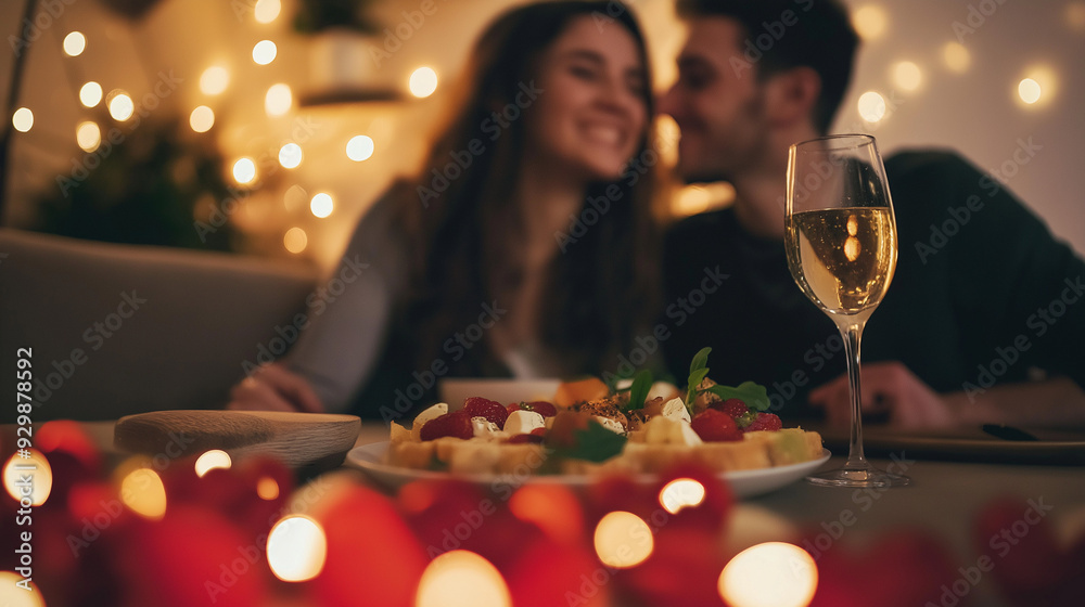 Romantic Couple Enjoying a Candlelit Dinner with Dessert and Champagne Romantic Couple Enjoying a Candlelit Dinner with Dessert and Champagne