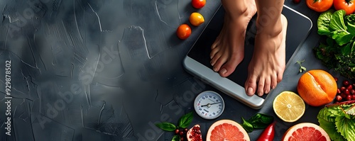 A Foot on a Scale Surrounded by Fruits and Vegetables photo