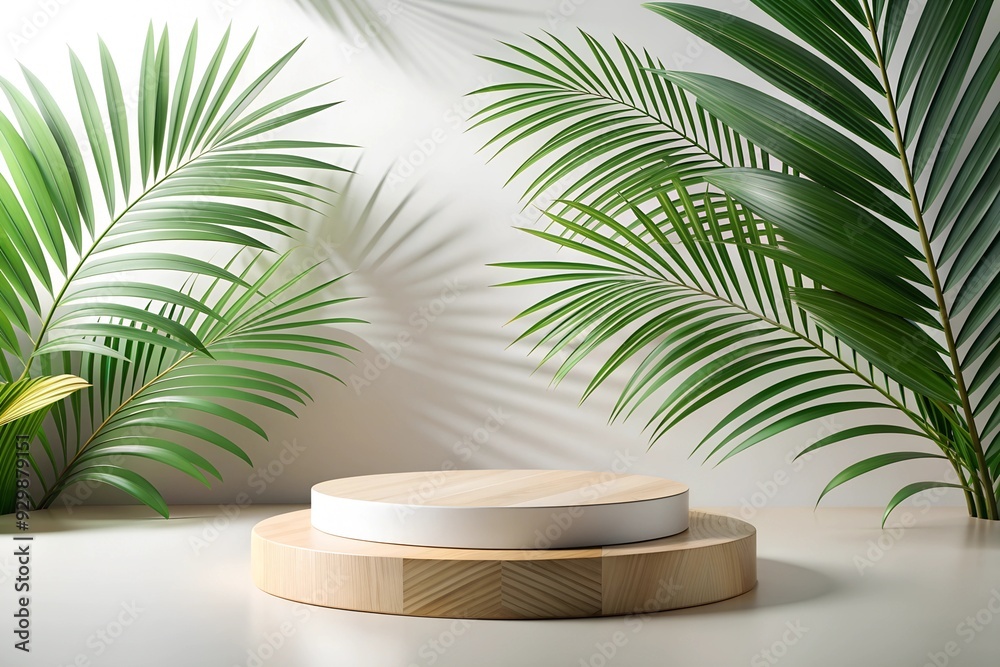Minimalist Product Display: A circular wooden podium, nestled amongst lush palm plants, presents a pristine white circle for showcasing your product in a modern, natural setting. Perfect for highligh Minimalist Product Display: A circular wooden podium, nestled amongst lush palm plants, presents a pristine white circle for showcasing your product in a modern, natural setting. Perfect for highligh