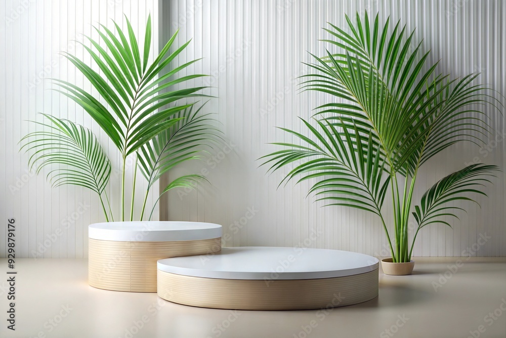 Minimalist Product Display: A circular wooden podium, nestled amongst lush palm plants, presents a pristine white circle for showcasing your product in a modern, natural setting. Perfect for highligh Minimalist Product Display: A circular wooden podium, nestled amongst lush palm plants, presents a pristine white circle for showcasing your product in a modern, natural setting. Perfect for highligh