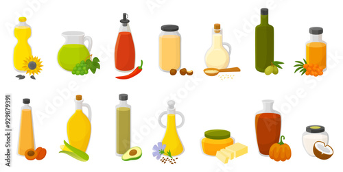 Different oils. Raw oil for food in glass bottles and jugs. Grape sunflower seed, extra virgin olive, corn and soybeans. Coconut oil for cosmetics, vector neoteric clipart