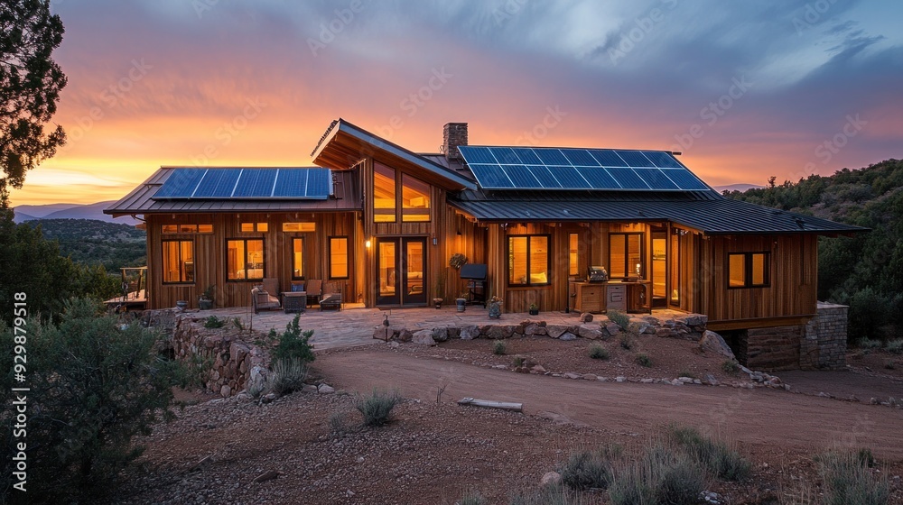 Modern wooden cabin with solar panels on the roof and a sunset view. Modern wooden cabin with solar panels on the roof and a sunset view.