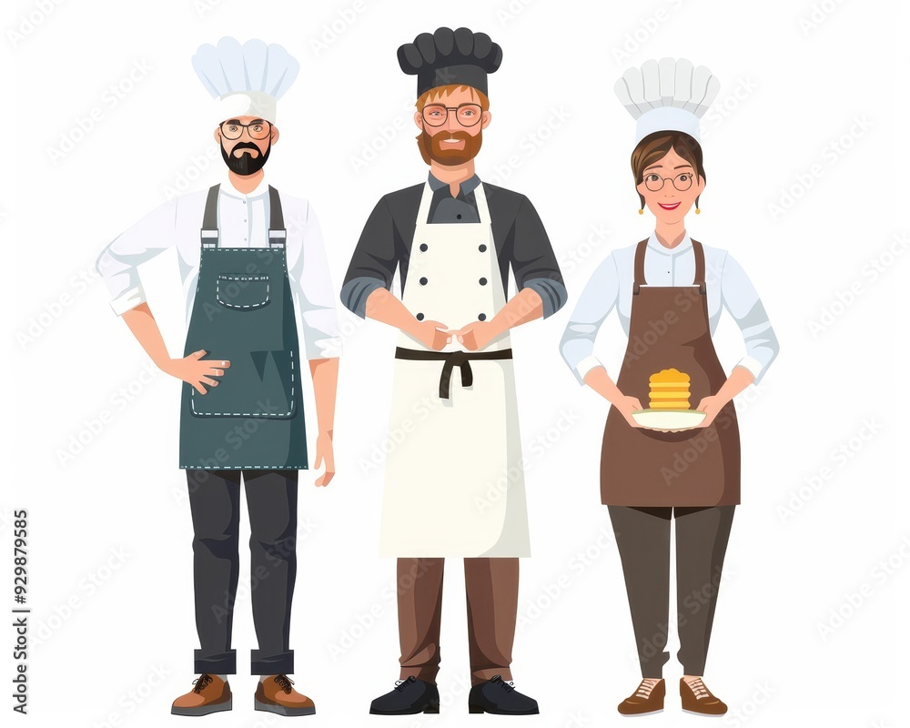 Three people wearing chef baker and barista clothi 238 chef, cook, cartoon, vector, hat, baker, food, cooking, illustration, restaurant, uniform, occupation, kitchen, art, icon, men, person, job, cui Three people wearing chef baker and barista clothi 238 chef, cook, cartoon, vector, hat, baker, food, cooking, illustration, restaurant, uniform, occupation, kitchen, art, icon, men, person, job, cui