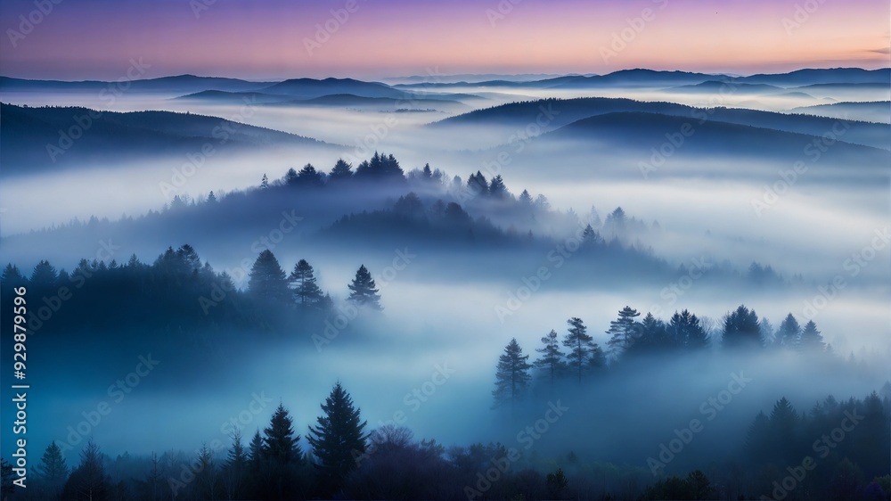 Fototapeta premium Mystical Mountain Dawn: Layers of mist dance through a valley of rolling hills, bathed in the soft hues of sunrise. 